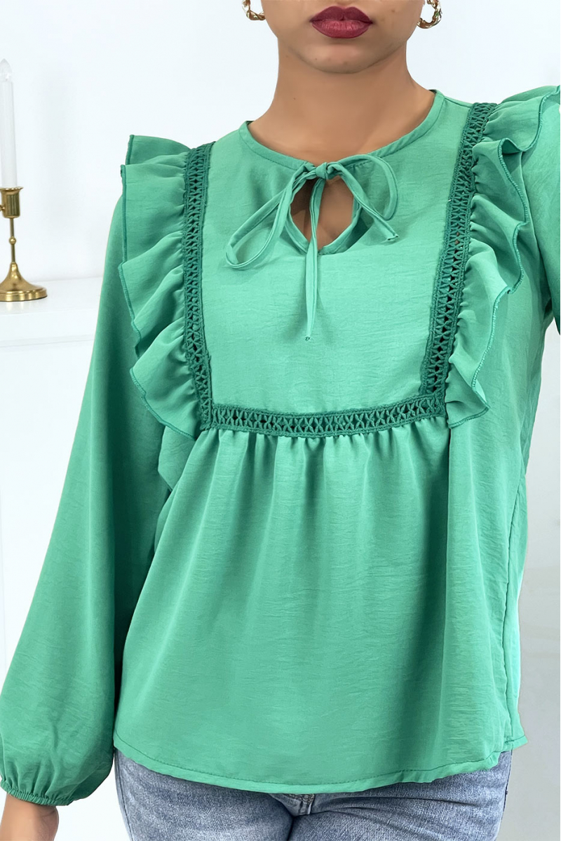 Green round neck blouse with ruffles - 8