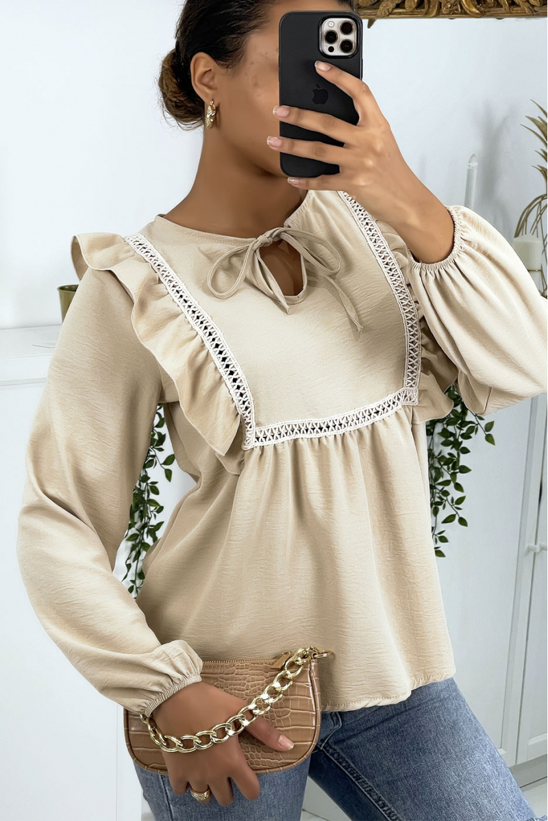 Beige round neck blouse with ruffles - 1