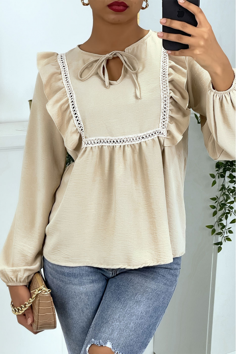 Beige round neck blouse with ruffles - 2