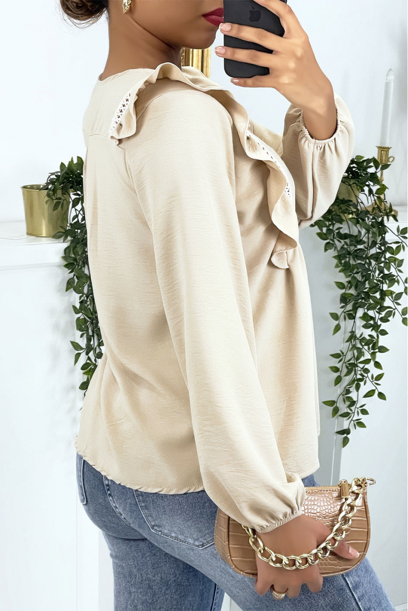 Beige round neck blouse with ruffles - 3
