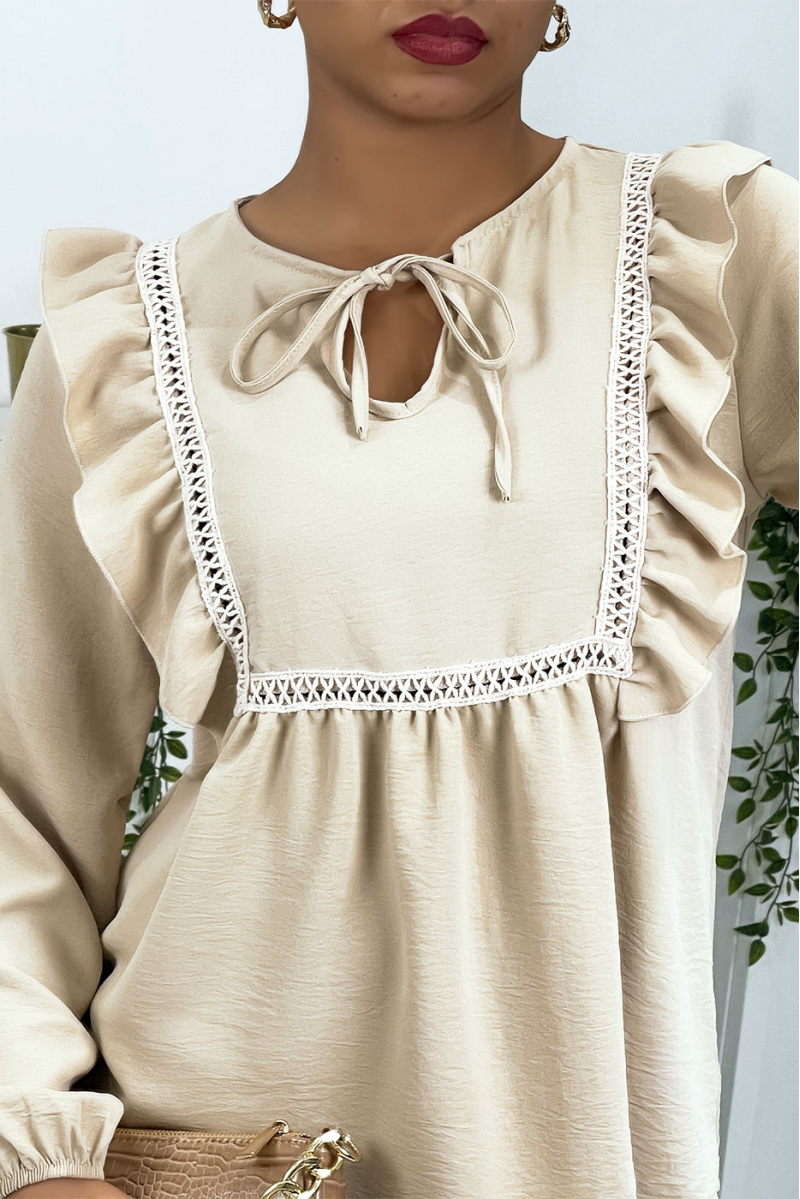 Beige round neck blouse with ruffles - 4