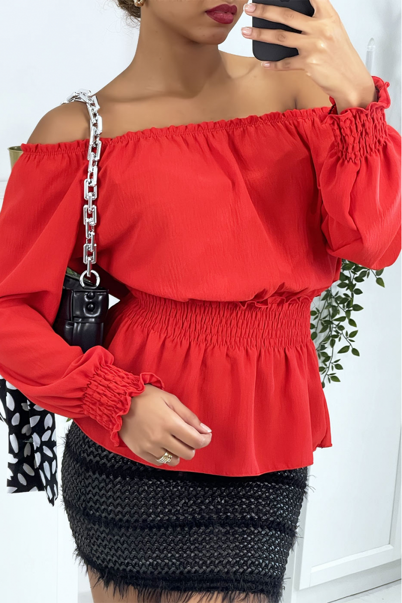 Red elastic top with boat neck - 1
