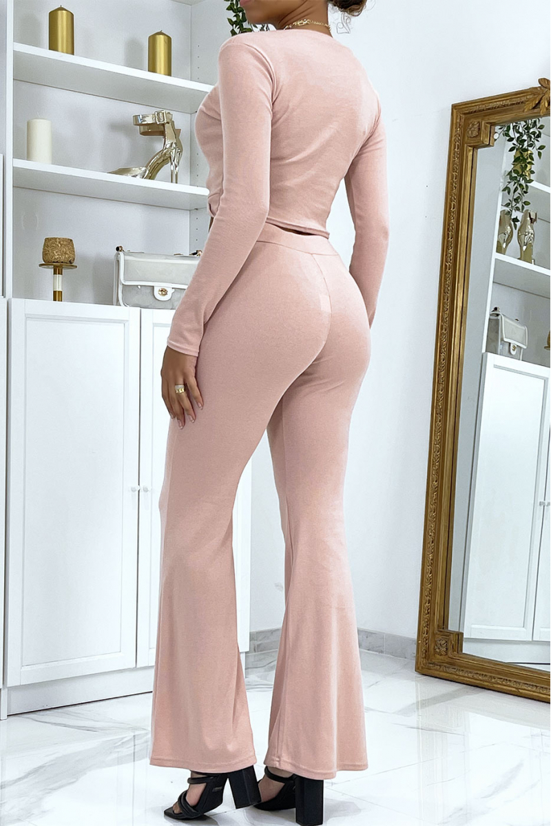 Roze geribbelde uitlopende broek en crop top set - 3 Roze geribbelde uitlopende broek en crop top set - 3