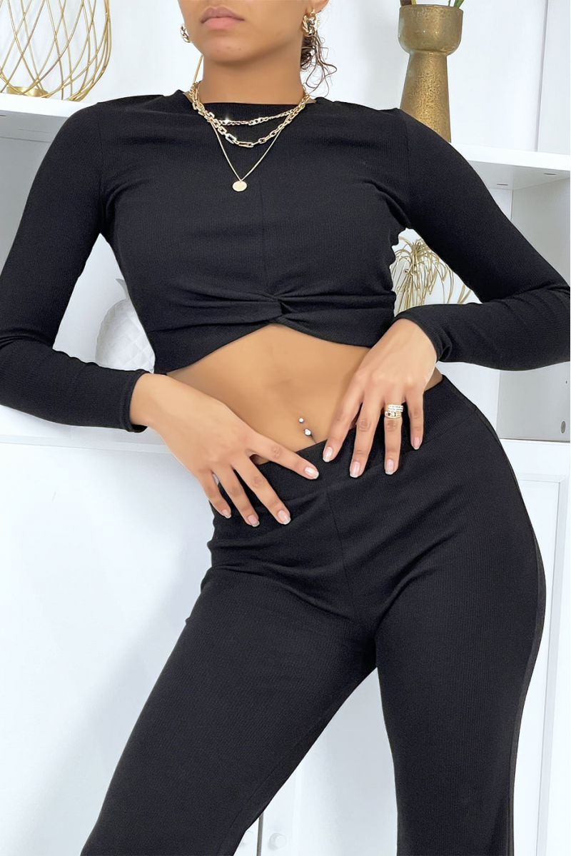 Black ribbed bell-bottom pants and crop top set - 5