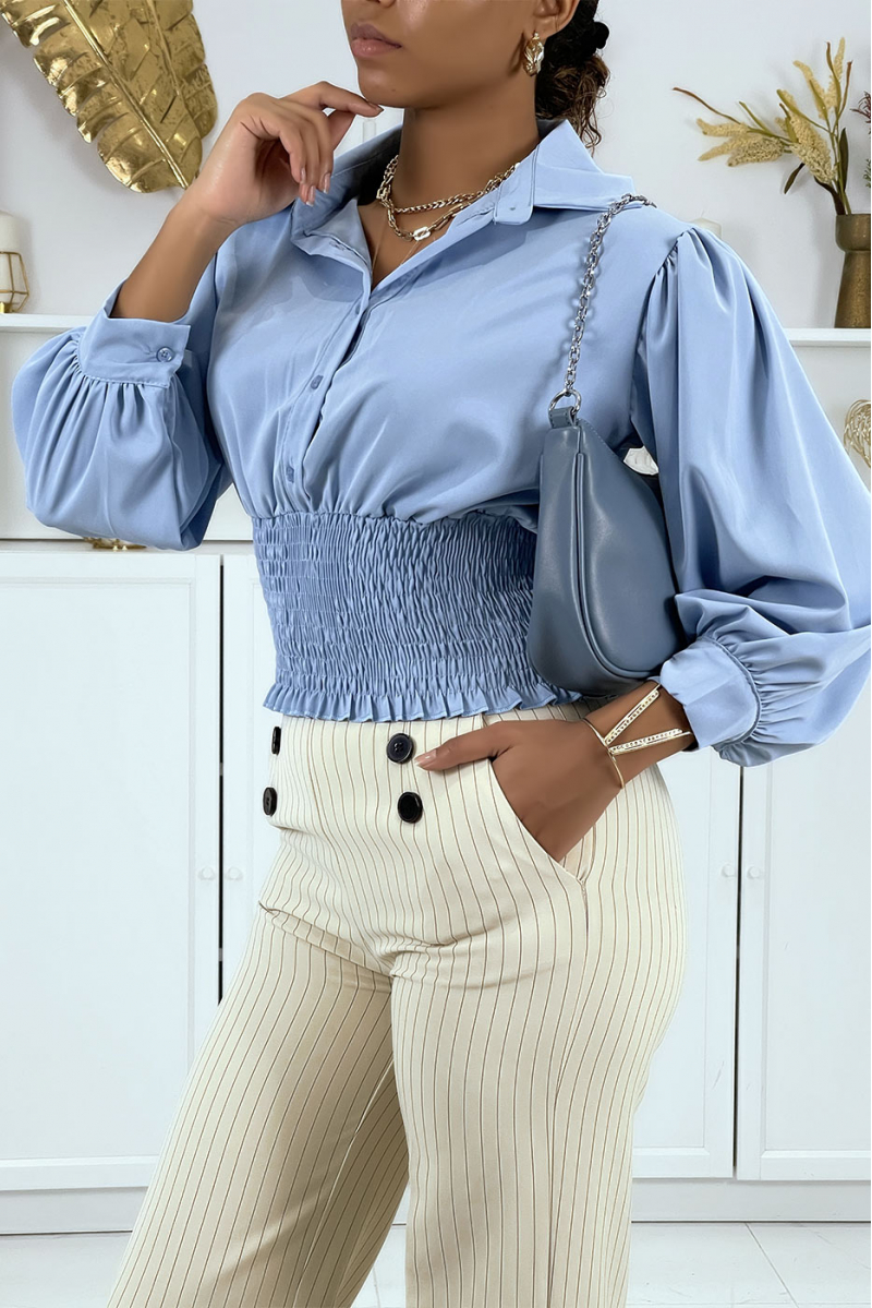 Blouse courte bleue à boutons - 1