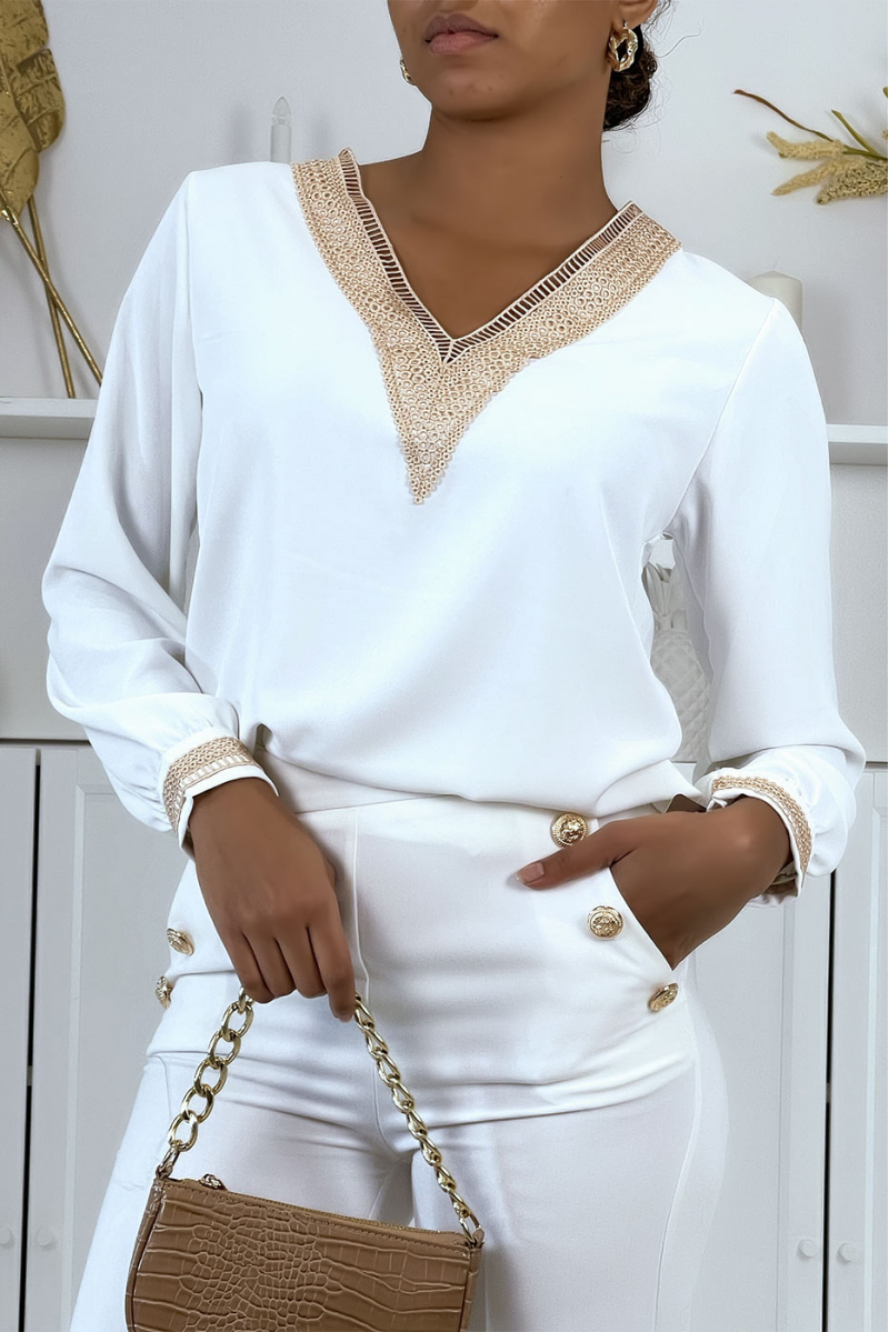 Bohemian chic style white V-neck blouse - 1