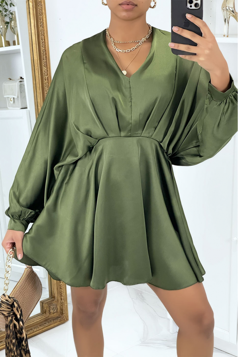 Khaki satin skater dress with puff sleeves - 1