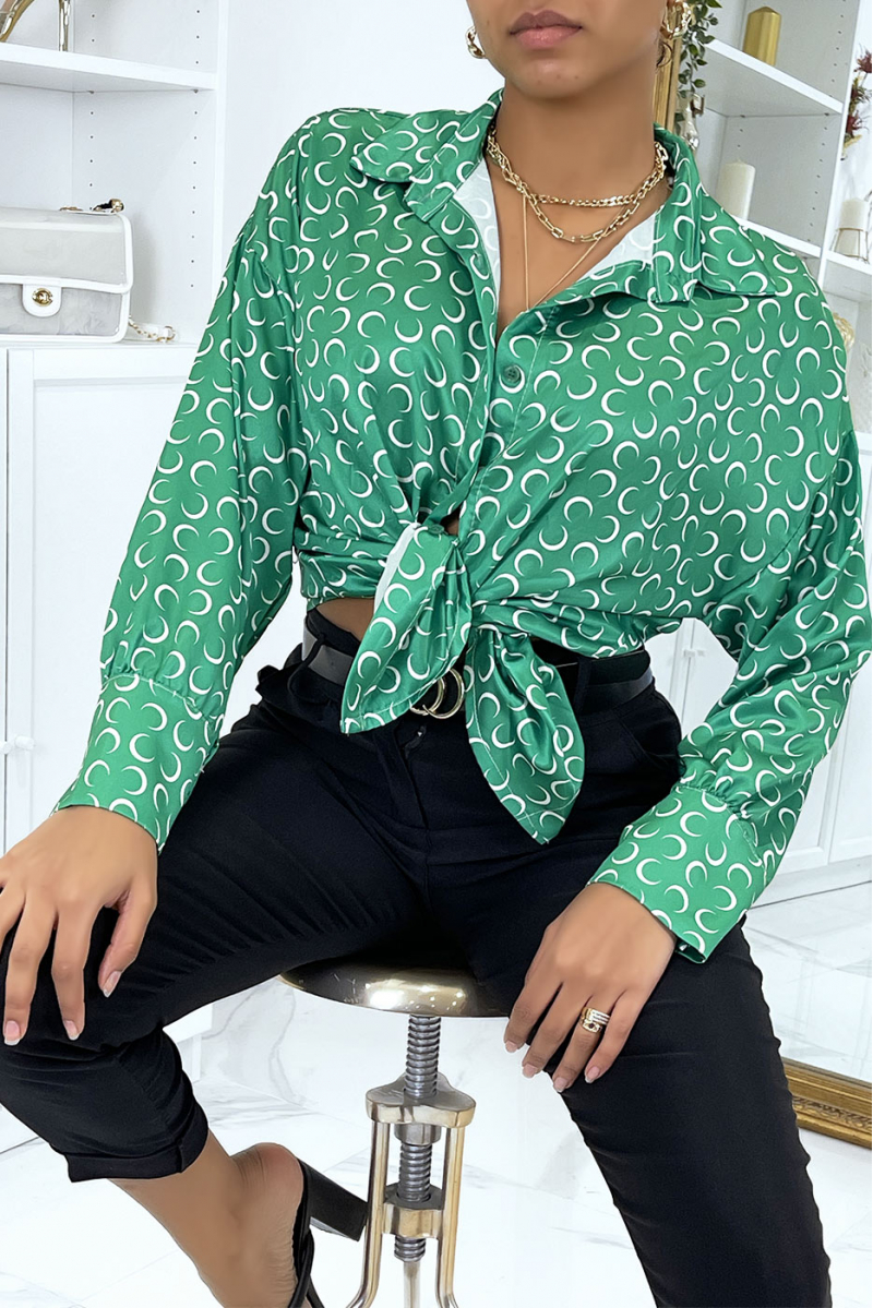 Groen satijnen overhemd met maanprint - 7