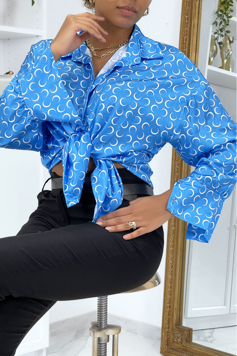 Blue satin shirt with moon print - 1