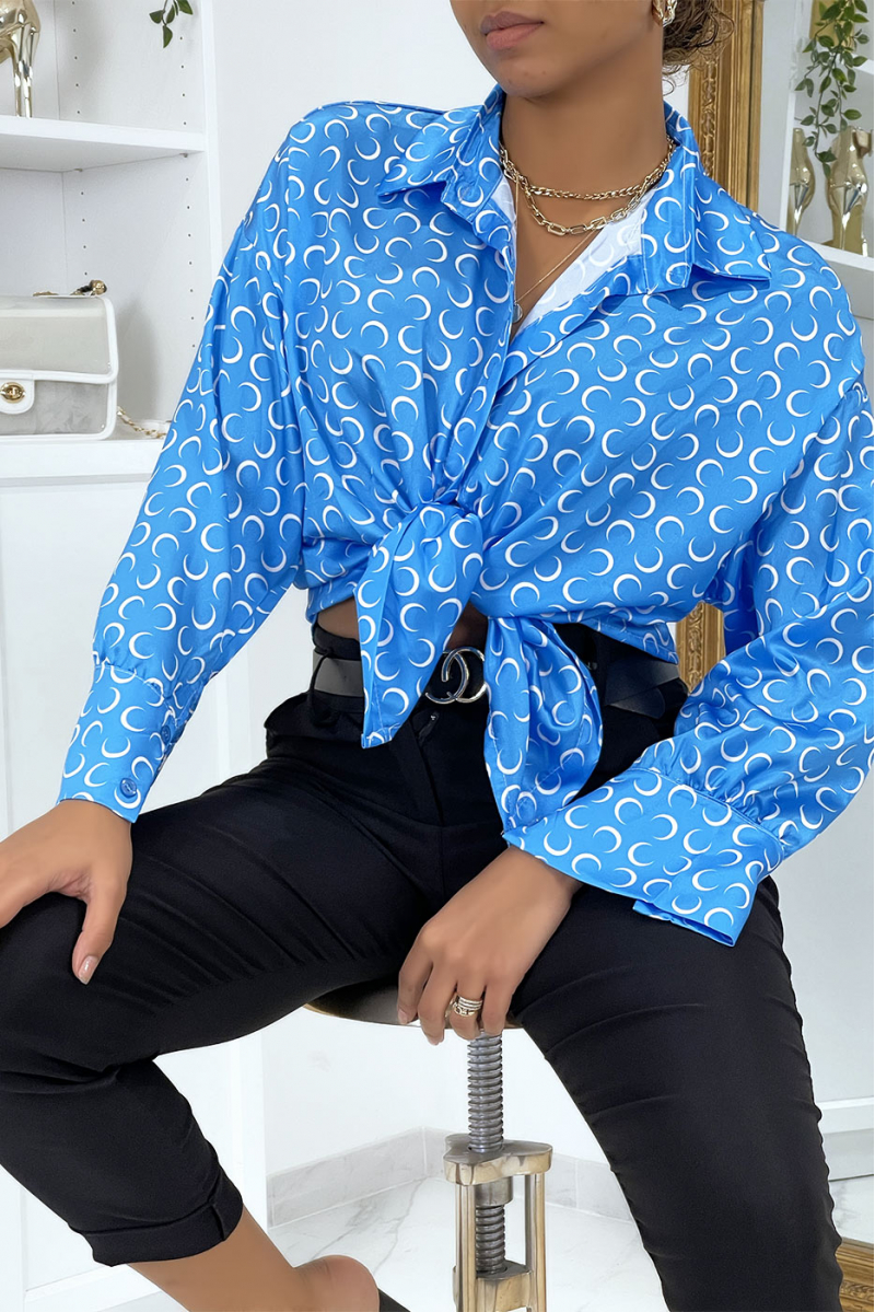 Blue satin shirt with moon print - 2