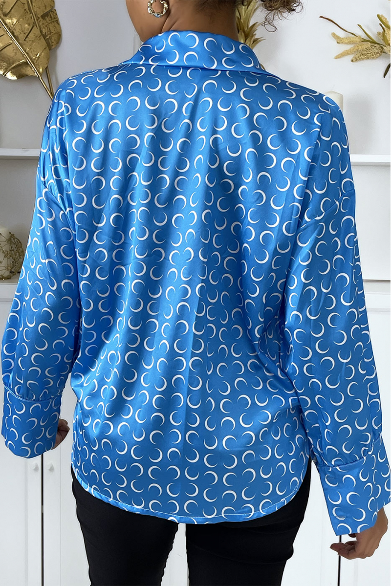 Blauw satijnen overhemd met maanprint - 3