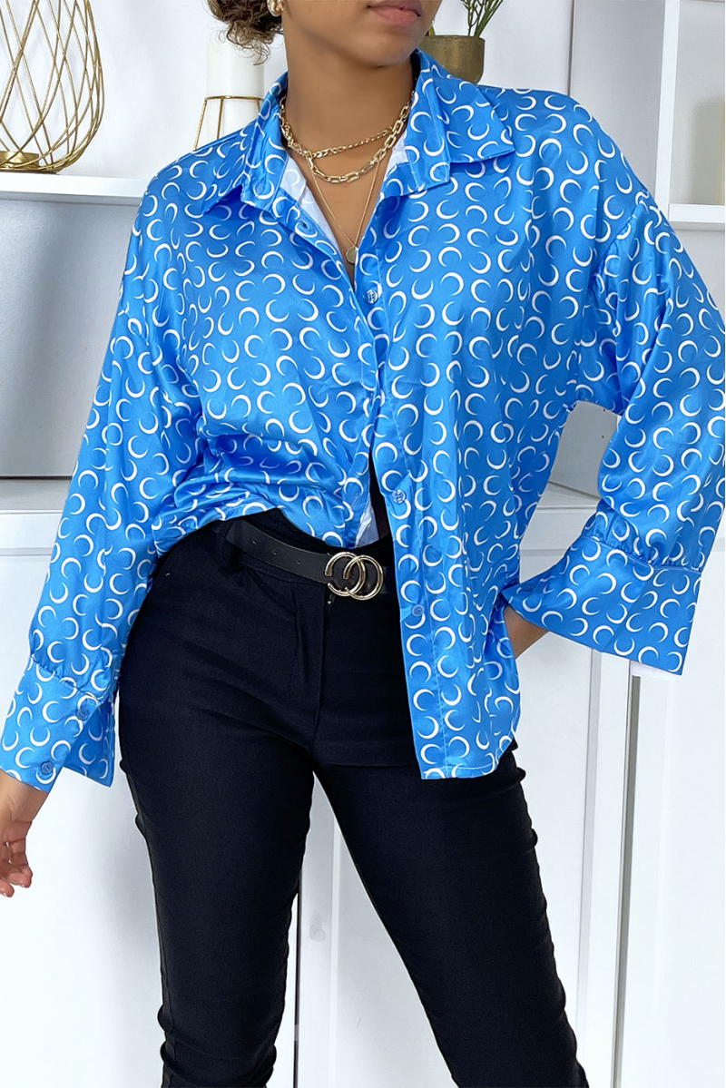 Blue satin shirt with moon print - 4