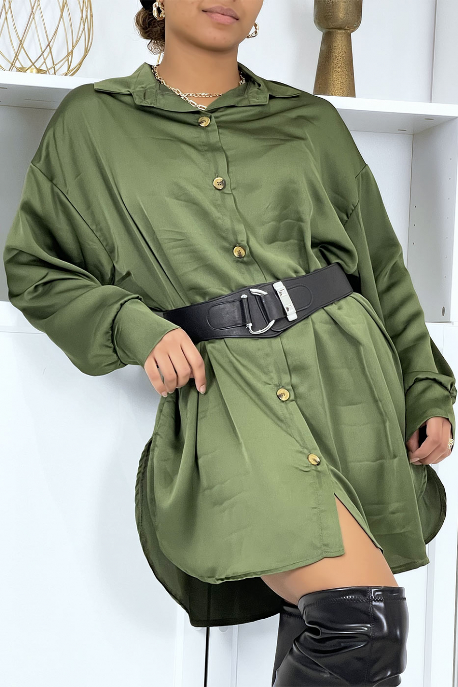 Oversized khaki satin shirt - 1