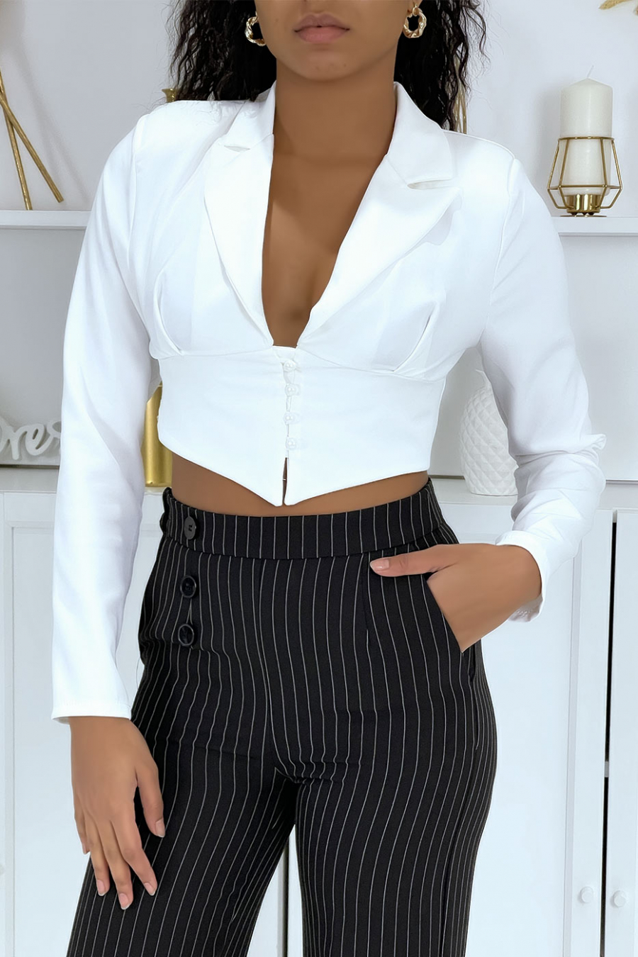 White Collared Long Sleeve Corset Top