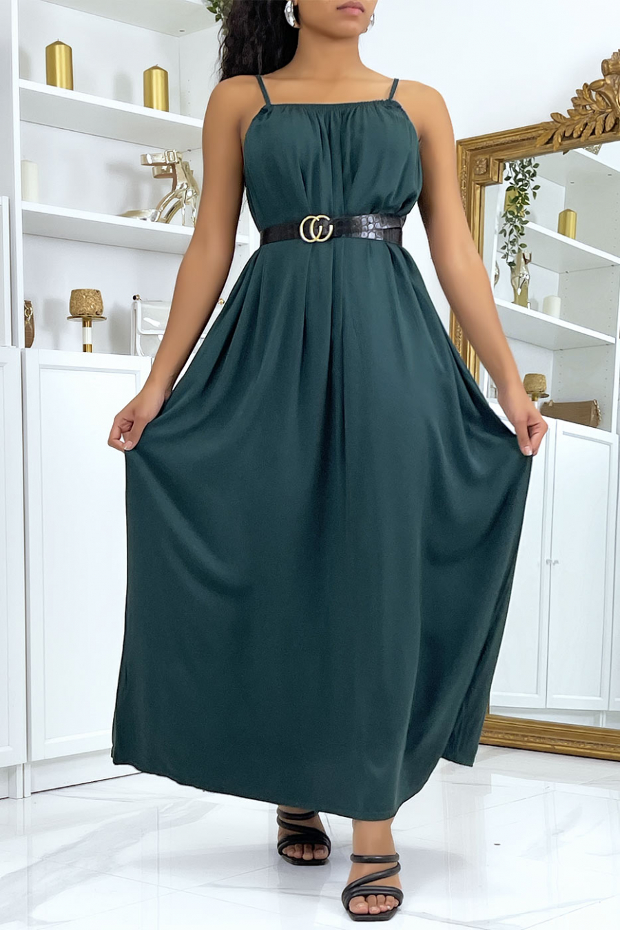 Long pine green dress with thin straps - 1