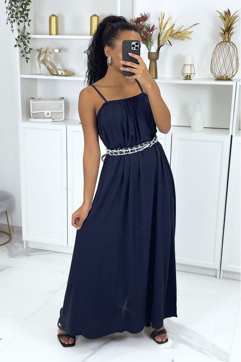 Lange marineblauwe jurk met spaghettibandjes - 1