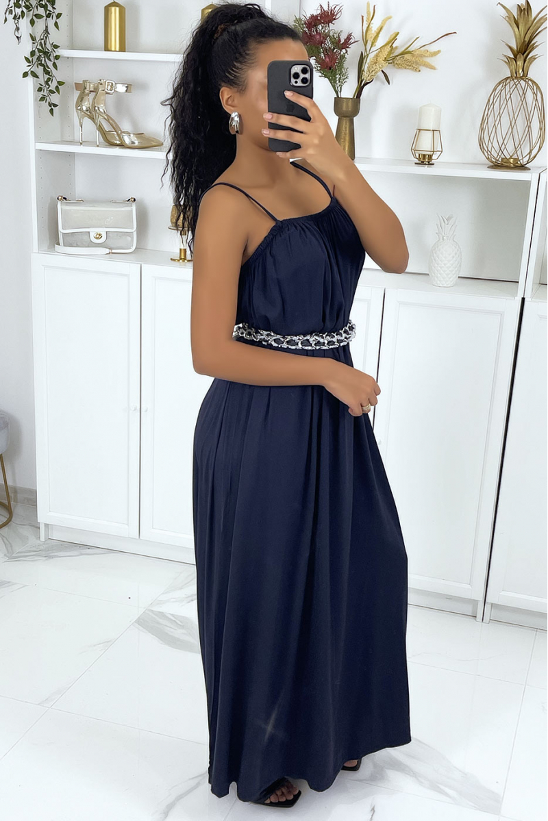 Long navy blue dress with spaghetti straps - 2