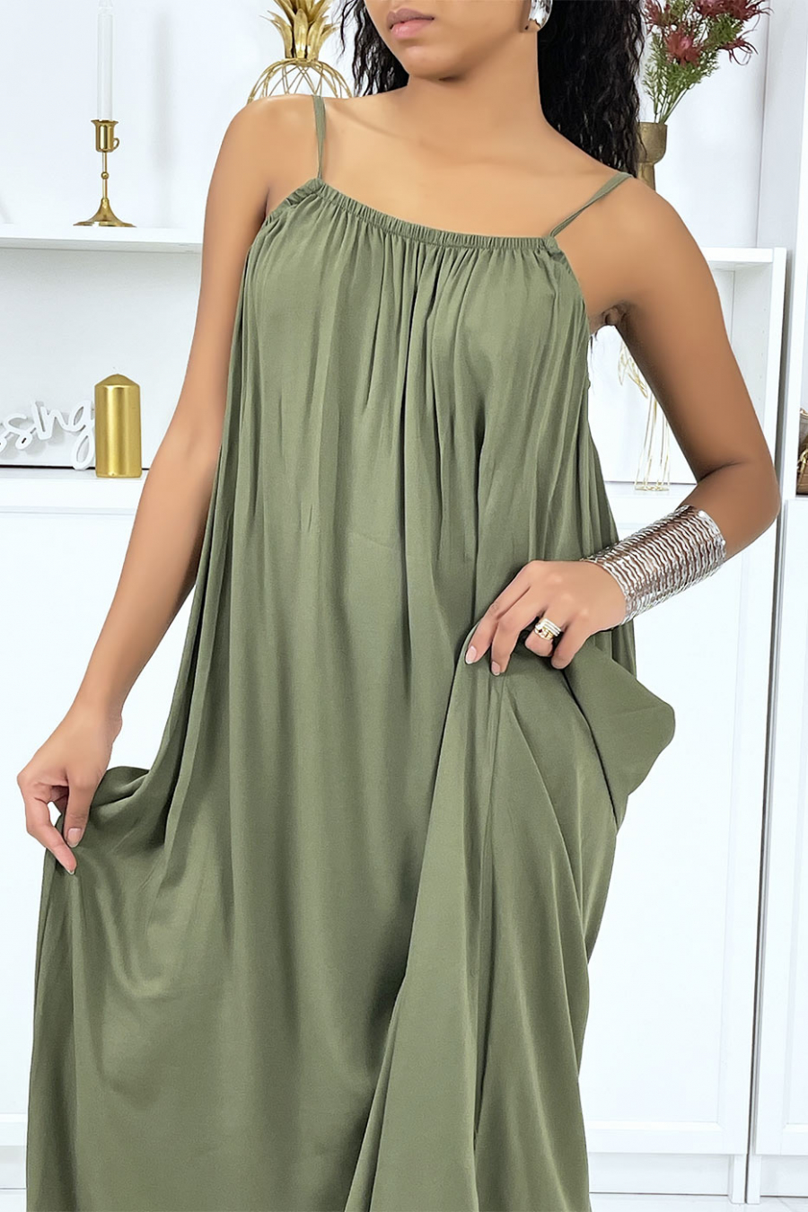 Long khaki dress with thin straps - 4