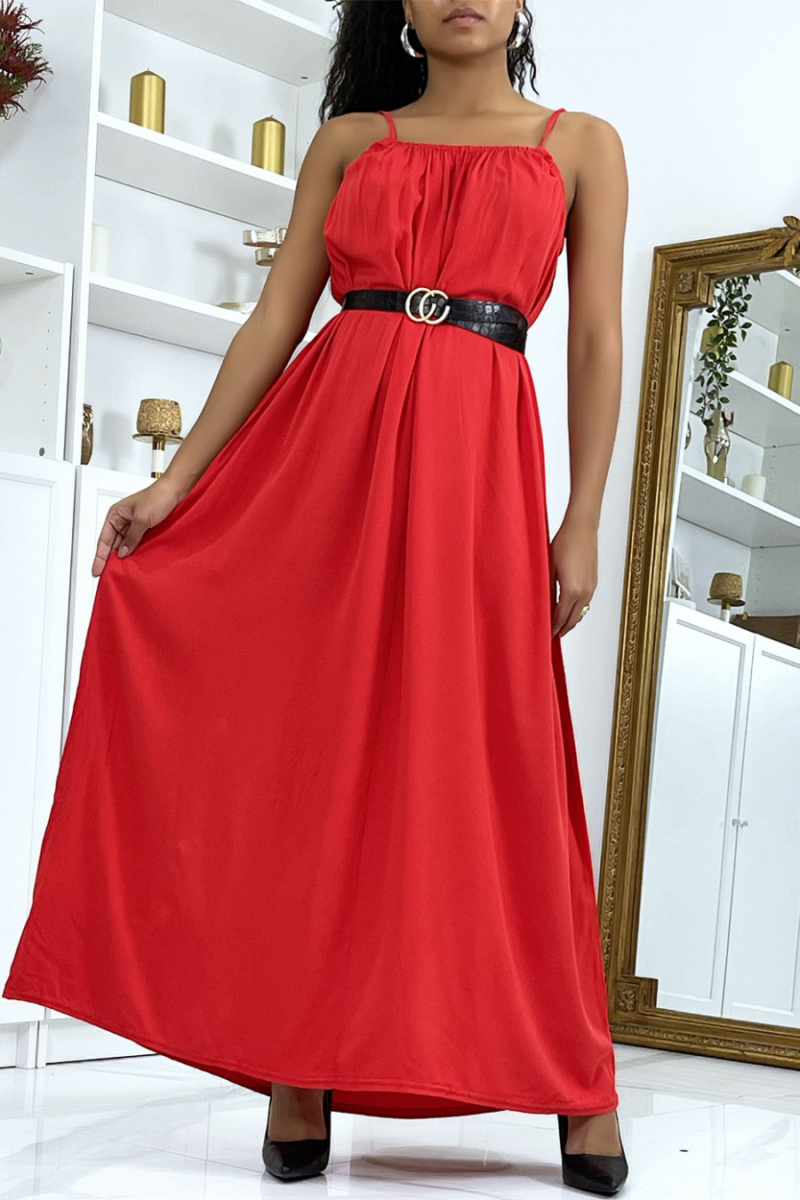 Long red dress with thin straps - 1