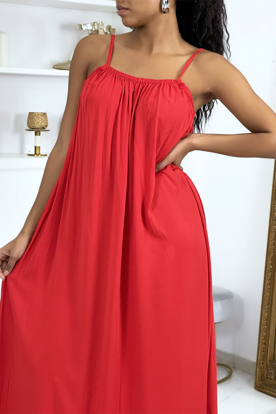Long red dress with thin straps - 4