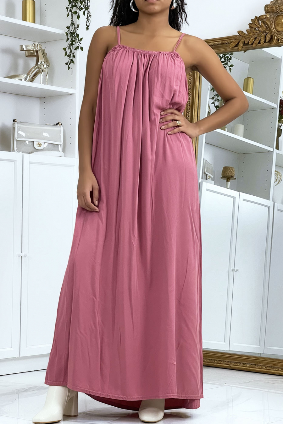 Long fuchsia dress with thin straps - 4