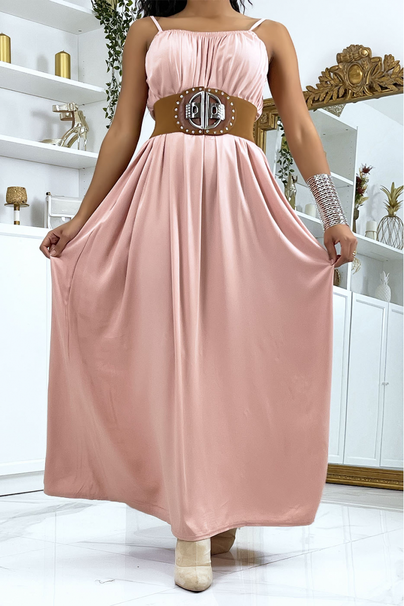 Lange roze jurk met dunne bandjes - 1