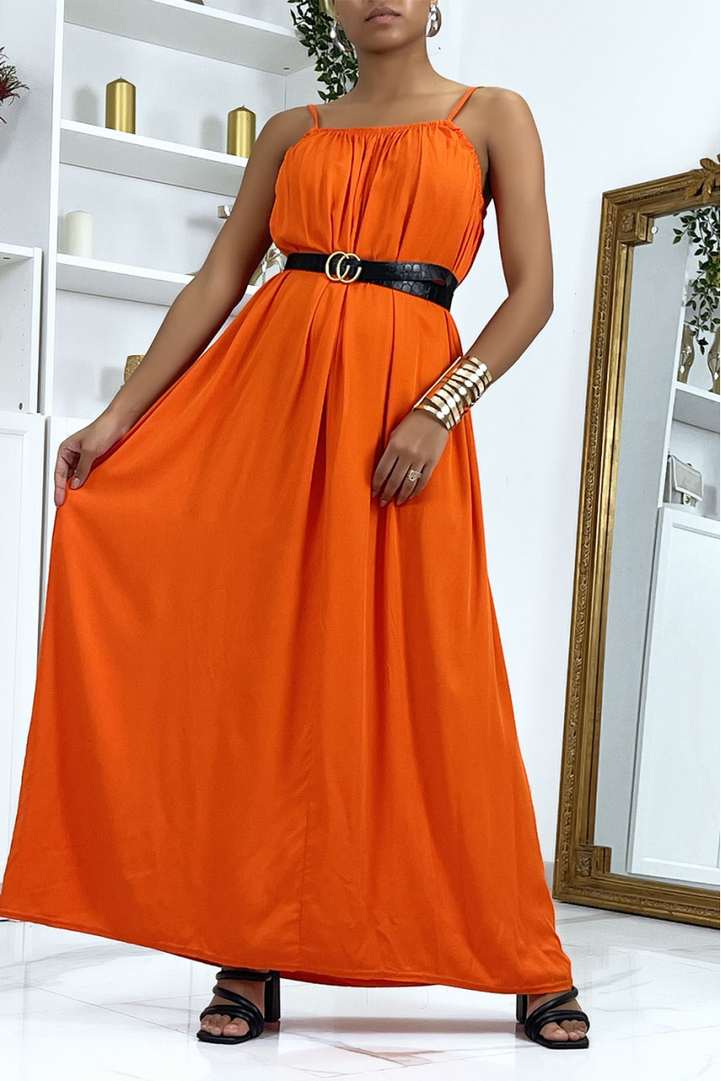 Lange oranje jurk met dunne bandjes - 1