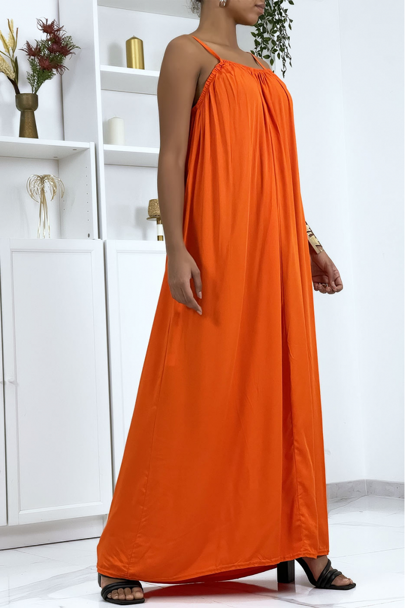 Lange oranje jurk met dunne bandjes - 3