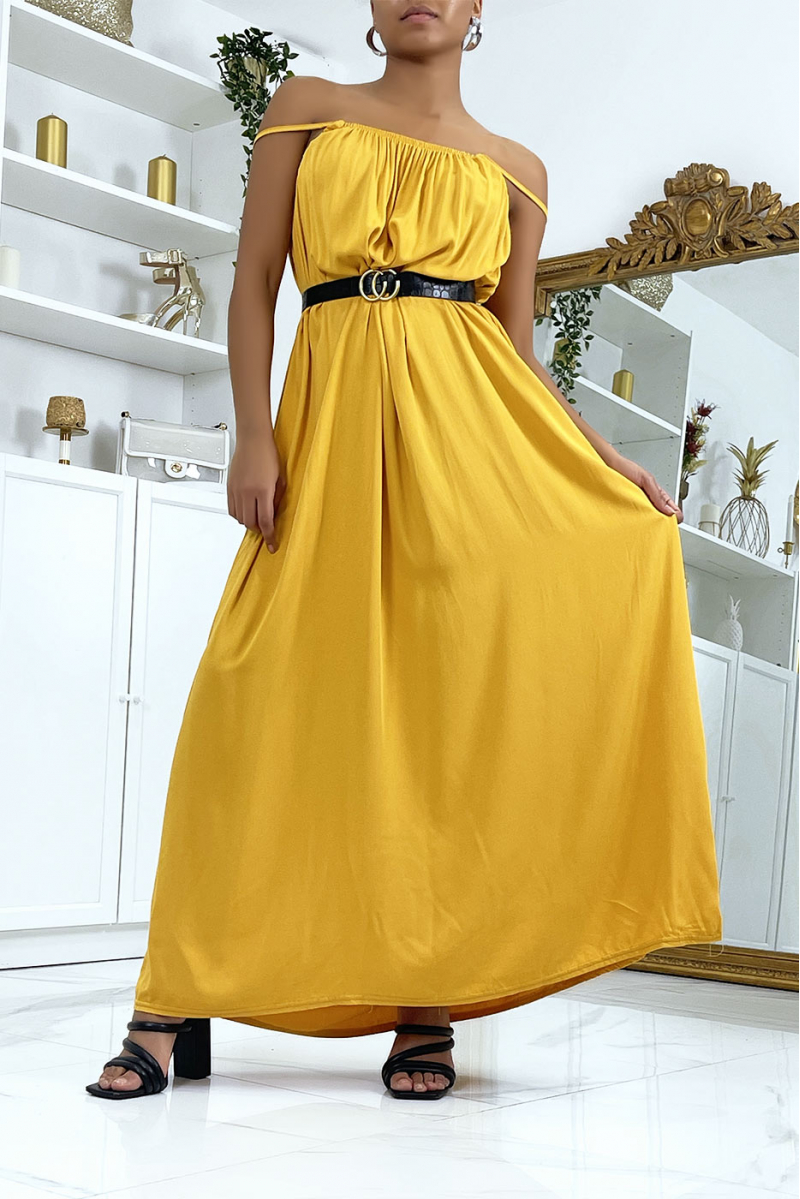 Long mustard dress with spaghetti straps - 1