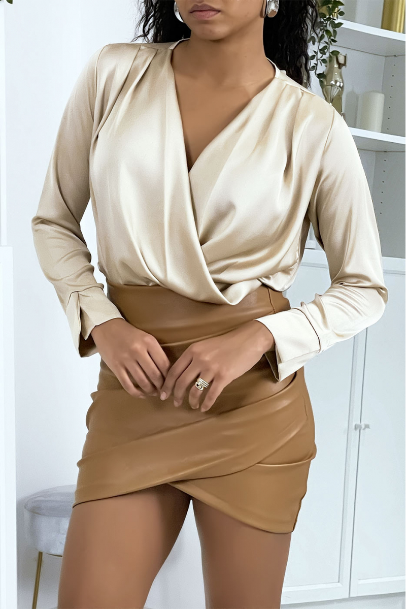 Beige satijnen bodysuit met overslag - 5