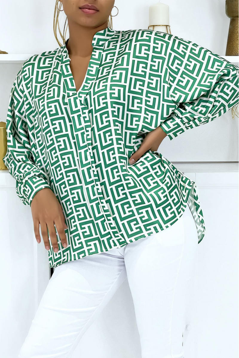 Blouse motif vert et blanc avec plis à l'avant - 1