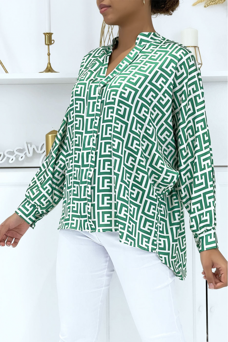 Green and white pattern blouse with pleats at the front - 2