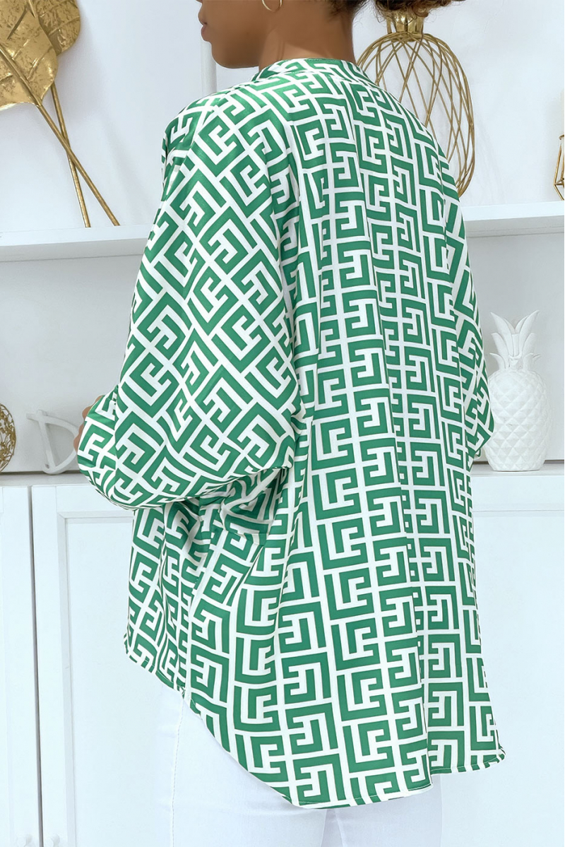 Groen-wit patroon blouse met plooien aan de voorkant - 3
