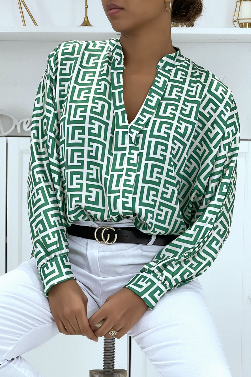 Blouse motif vert et blanc avec plis à l'avant - 4