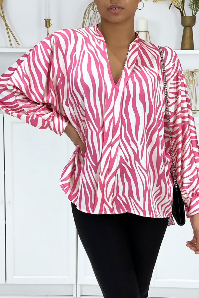 Fuchsia and white zebra print blouse with front pleats - 3