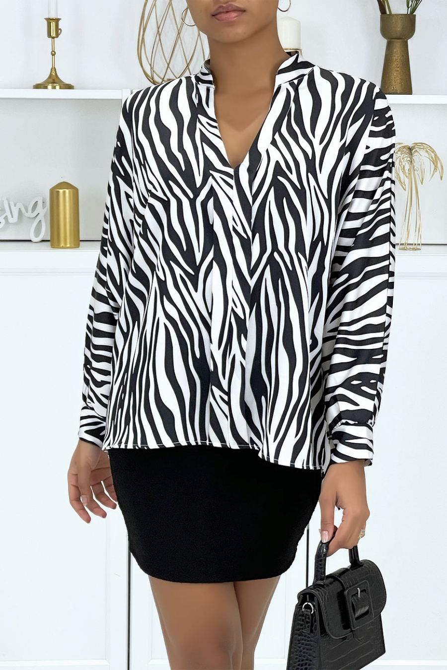 BlBBse motif zébré noir et blanc avec plis à l'avant - 4