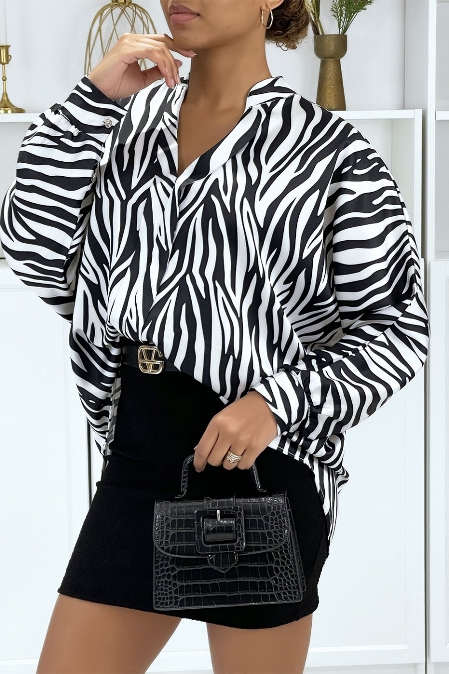 BlBBse motif zébré noir et blanc avec plis à l'avant - 6