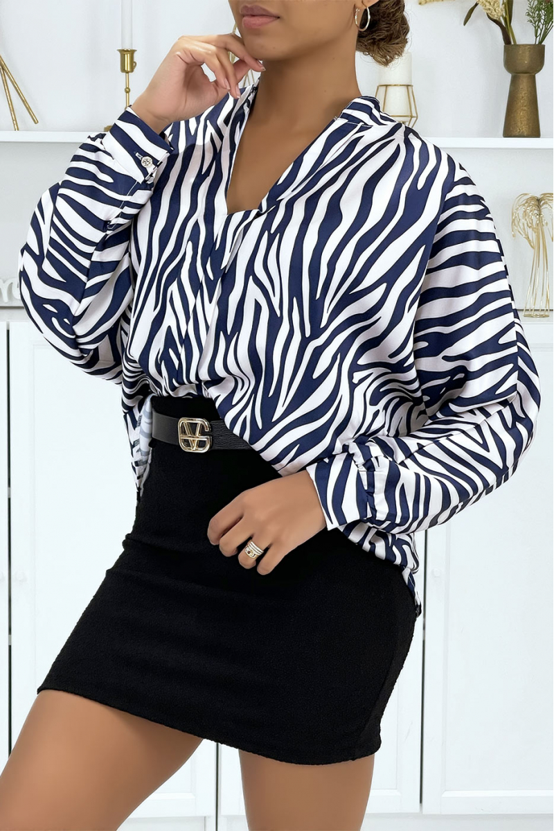 Navy and white zebra print blouse with front pleats - 2