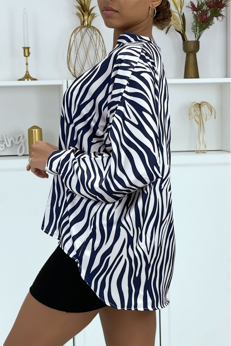 Navy and white zebra print blouse with front pleats - 3