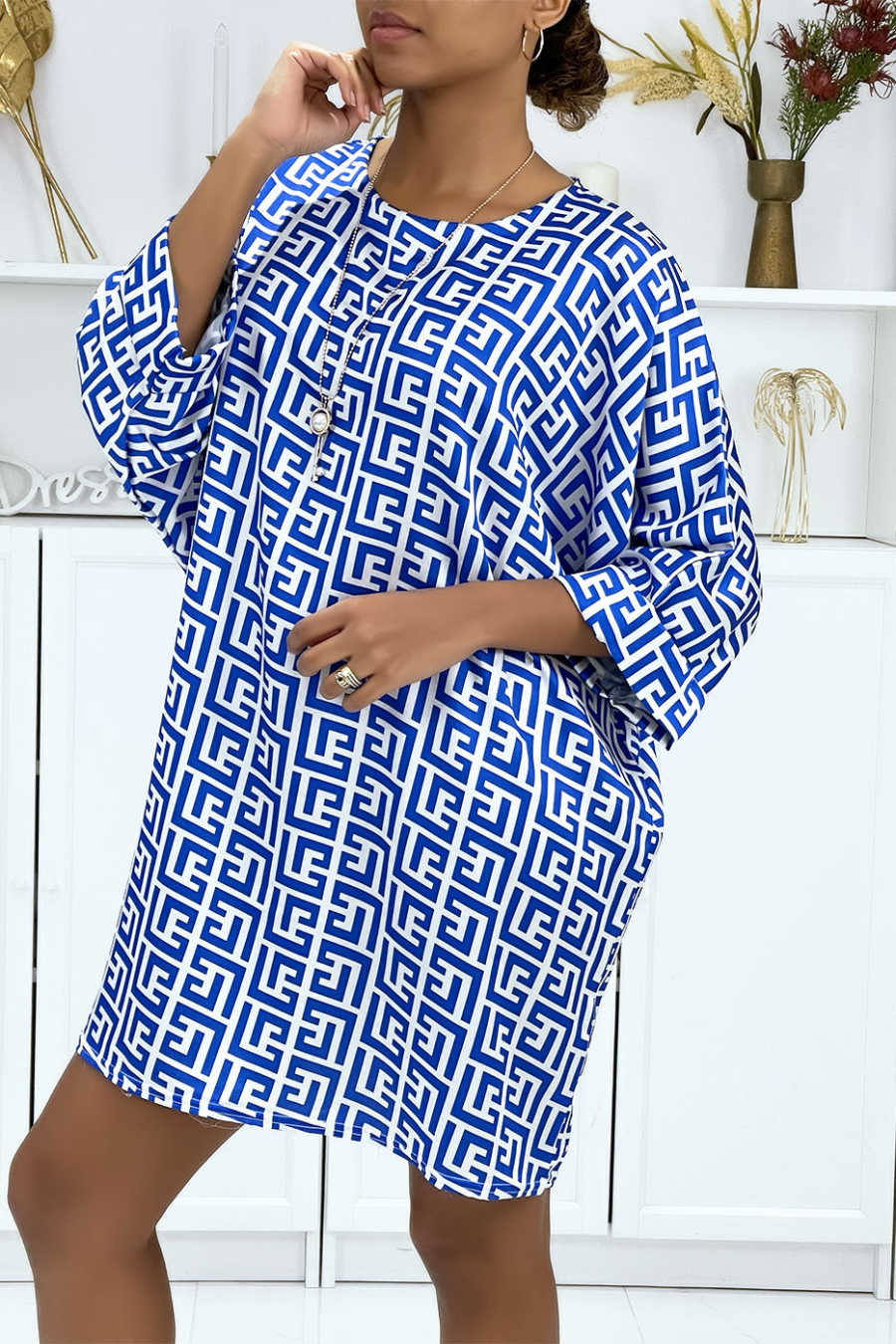 Loose royal and white pattern tunic dress - 2