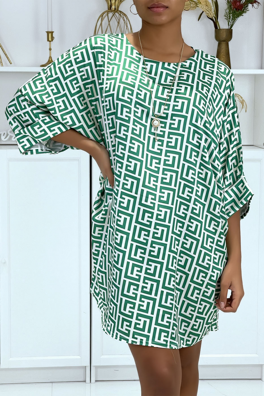 Robe tunique ample motif vert et blanc - 2