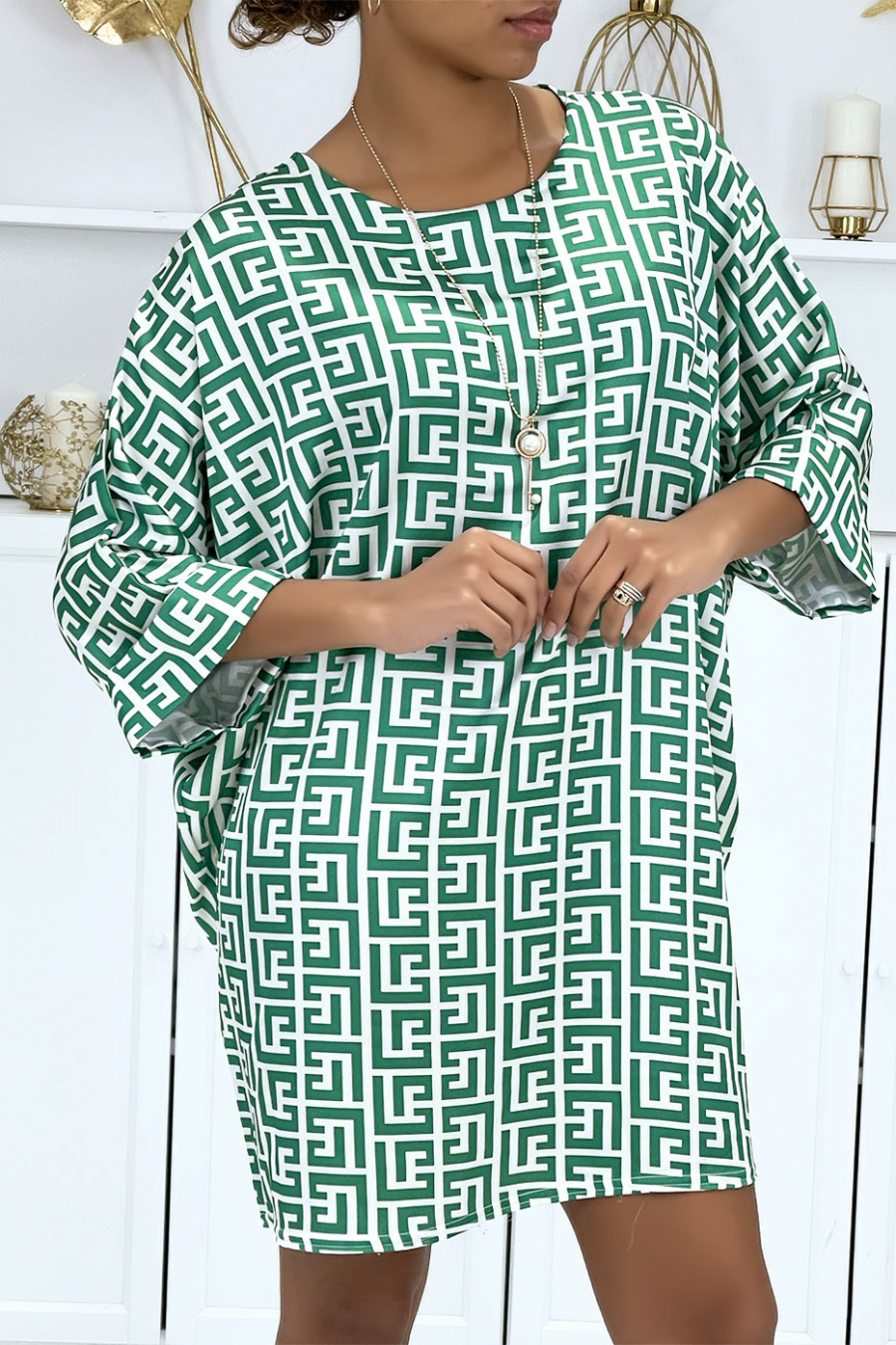 Robe tunique ample motif vert et blanc - 5
