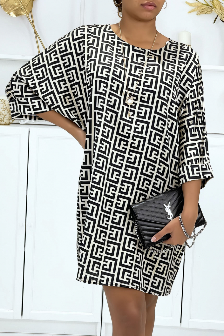 Loose tunic dress with beige and black pattern - 4
