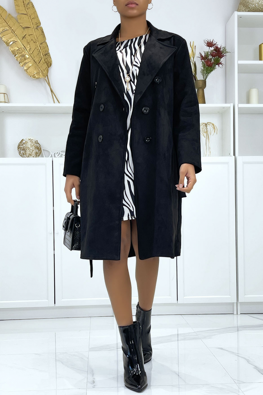 Zeer chique zwarte suedette trenchcoat voor dames - 1