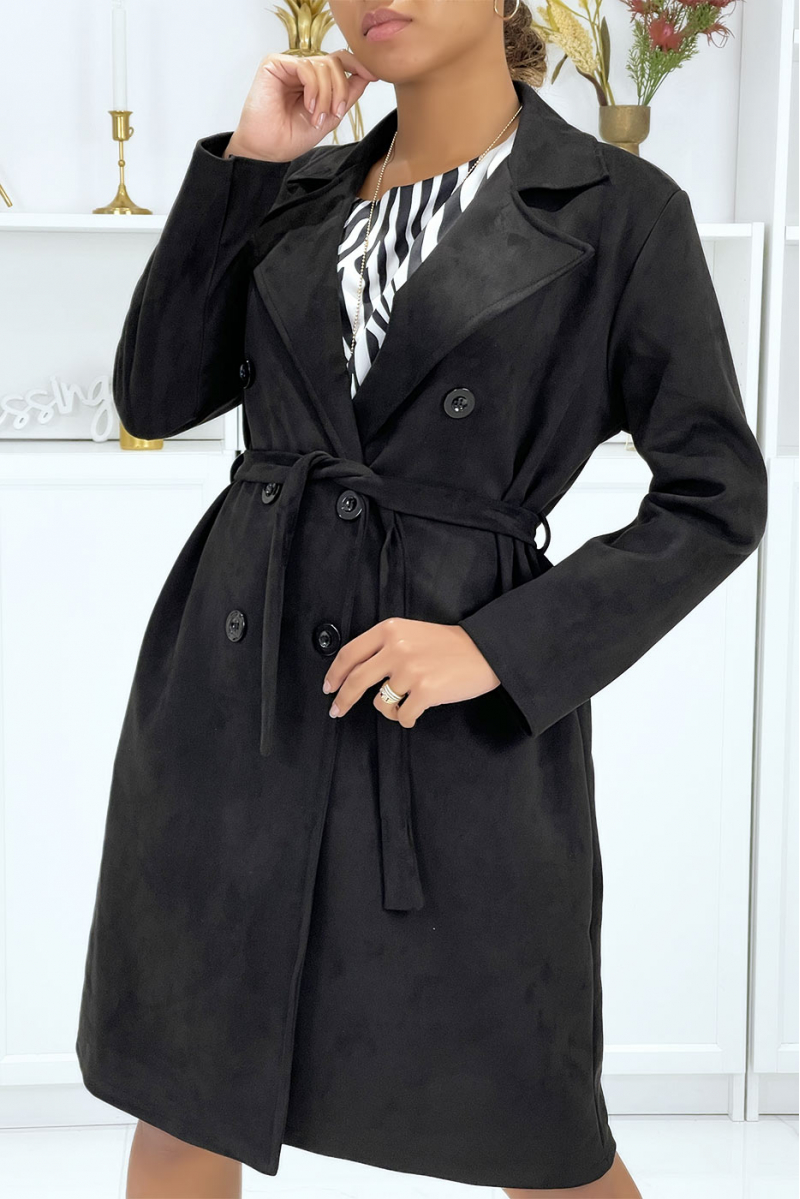 Very chic black suedette trench coat for women - 5