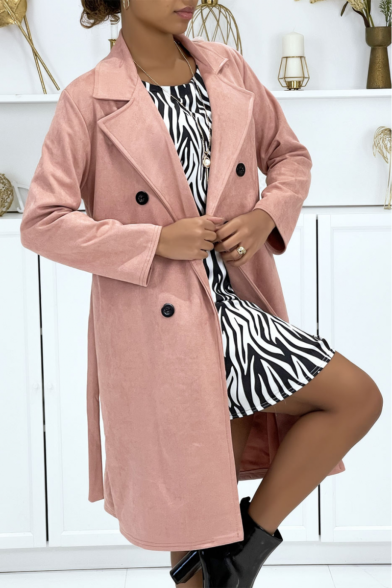Very chic pink suedette trench coat for women - 4