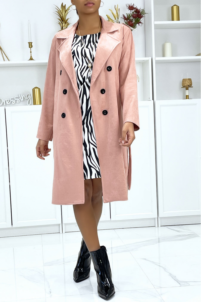 Very chic pink suedette trench coat for women - 5