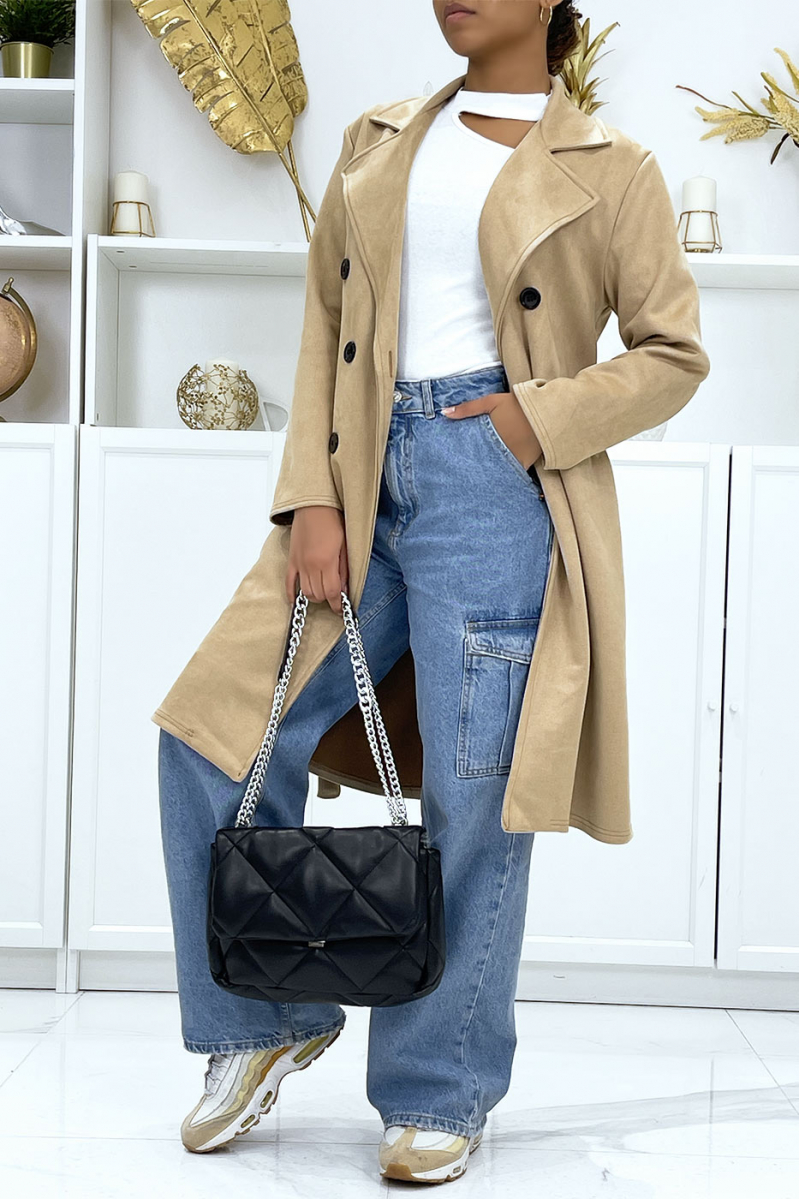 Camel trench coat in very chic suedette for women - 1