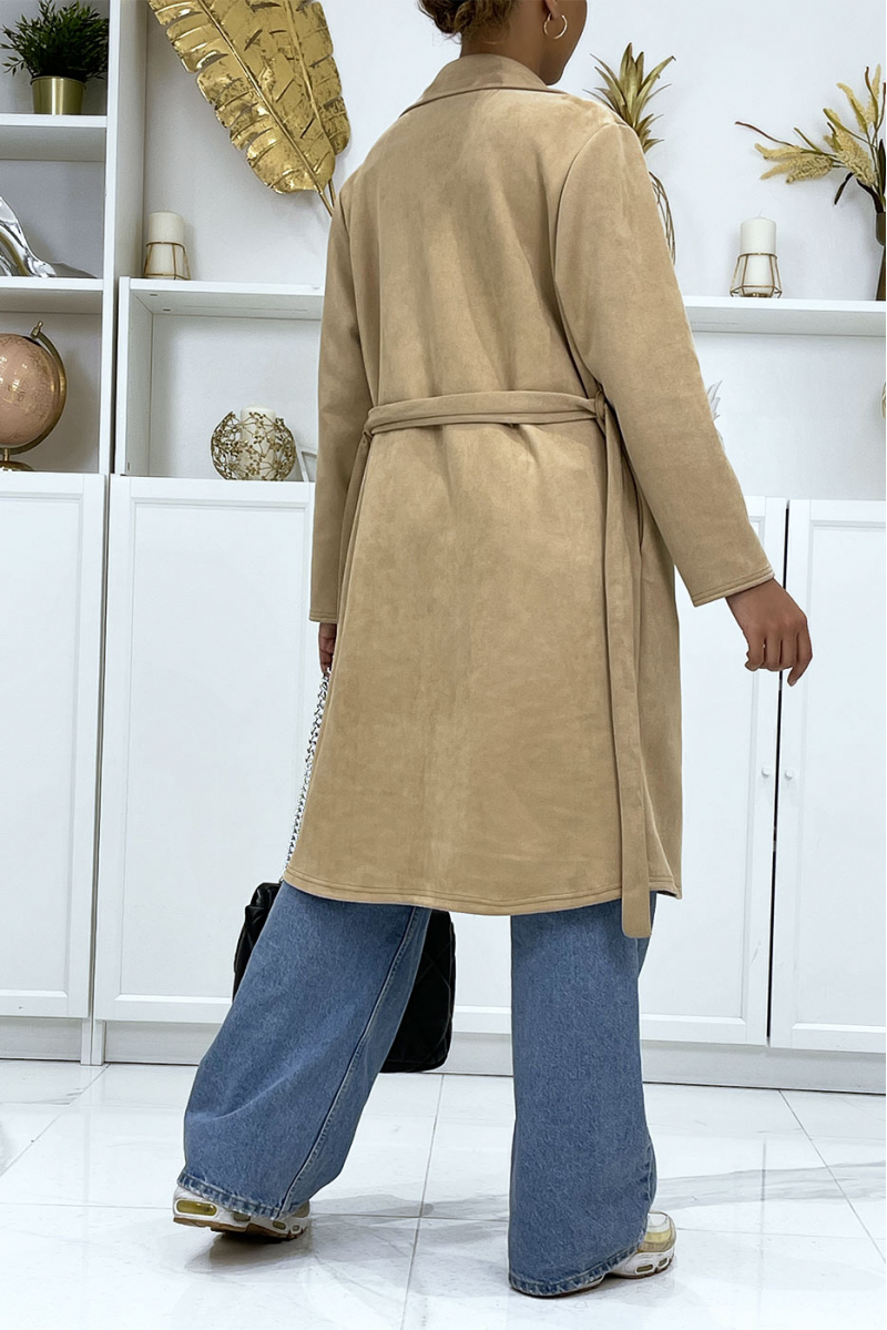 Camel trench coat in very chic suedette for women - 2