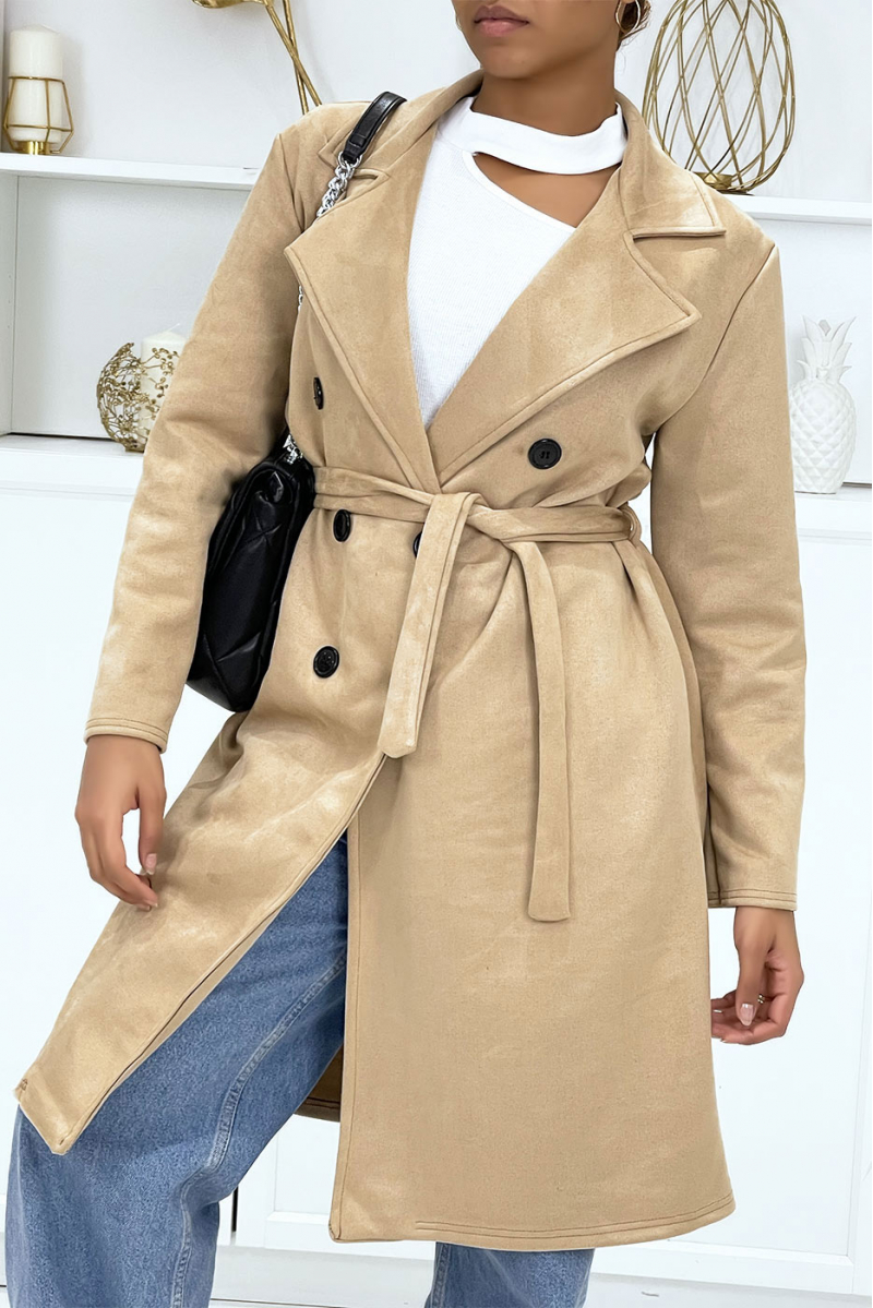 Camel trench coat in very chic suedette for women - 3